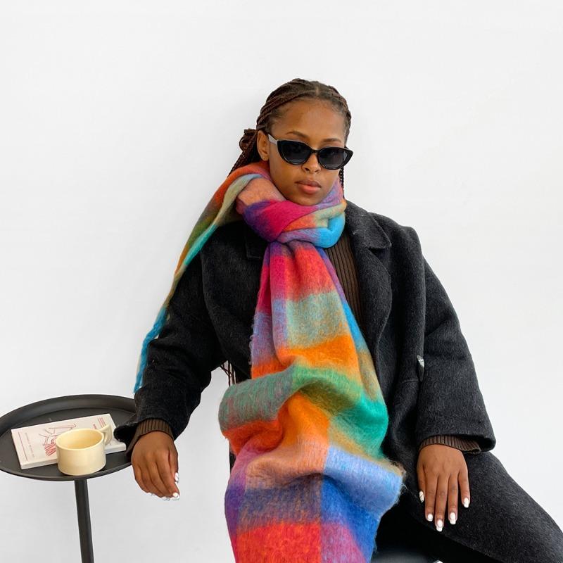 Color Plaid Scarf Women's Winter Warm Scarf Mohair Thickened Long Scarf Hot Shawl