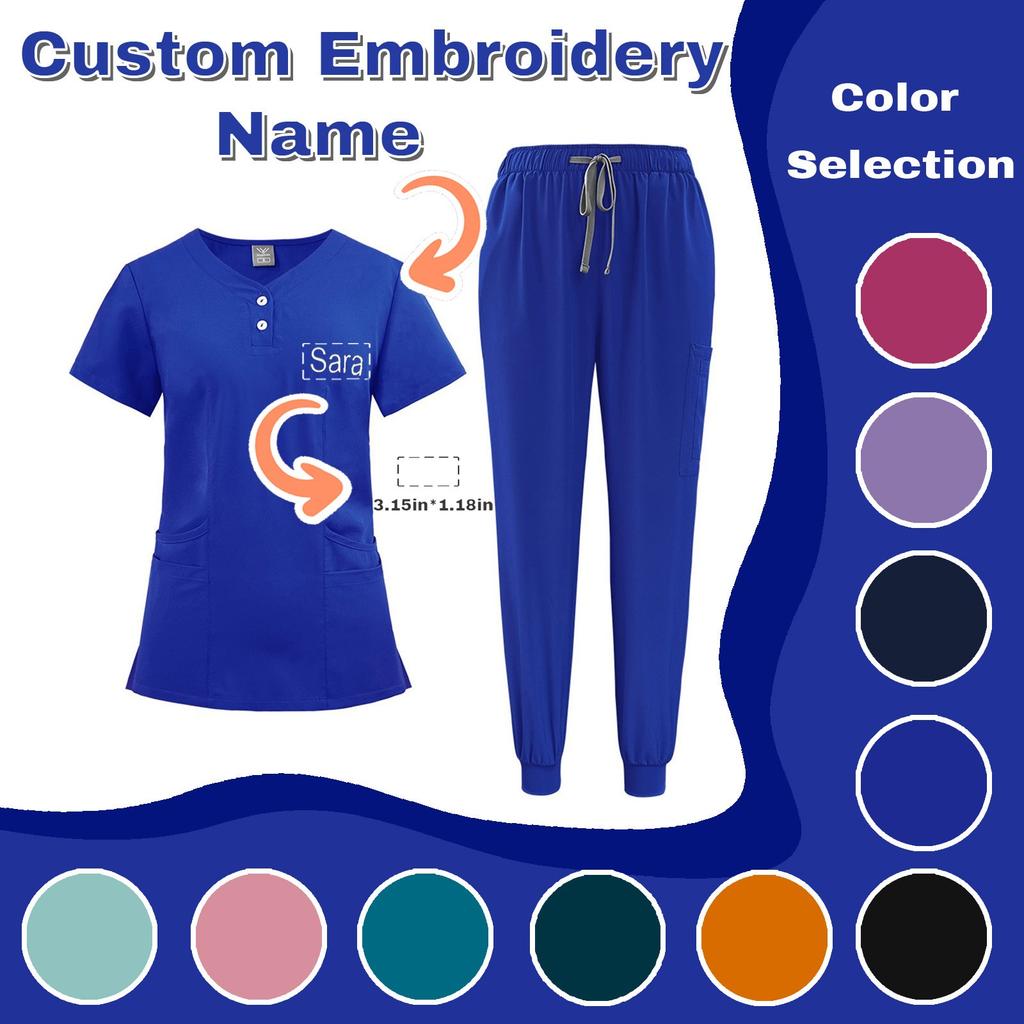 DIY Name Embroidery Customization Women's Uniform Quick-drying Fabric Solid Color V-neck Pocket Short-sleeved Trousers Suit Dry-nurse Work Clothes