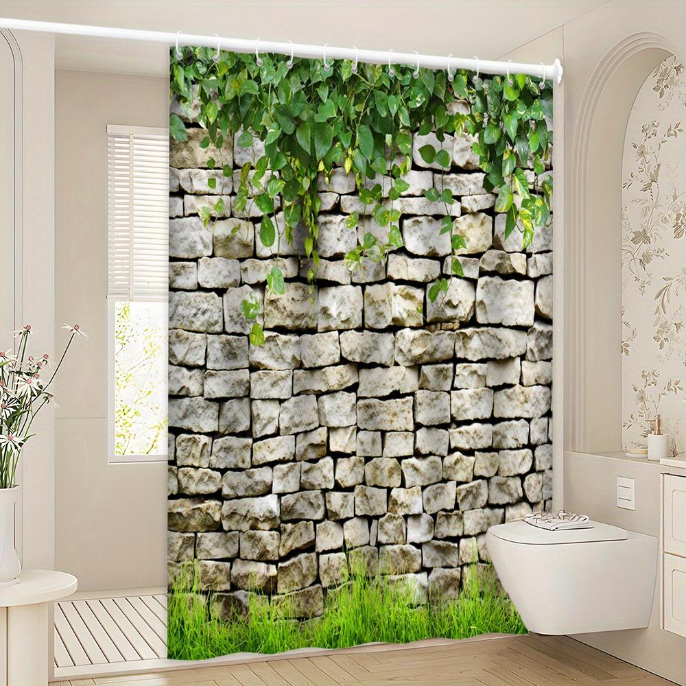 Dunika Chen Vintage Stone Wall Bath Curtain - Lush Greenery & Grass, Waterproof Home Decor Adds Rustic Natural Beauty To Your Bathroom
