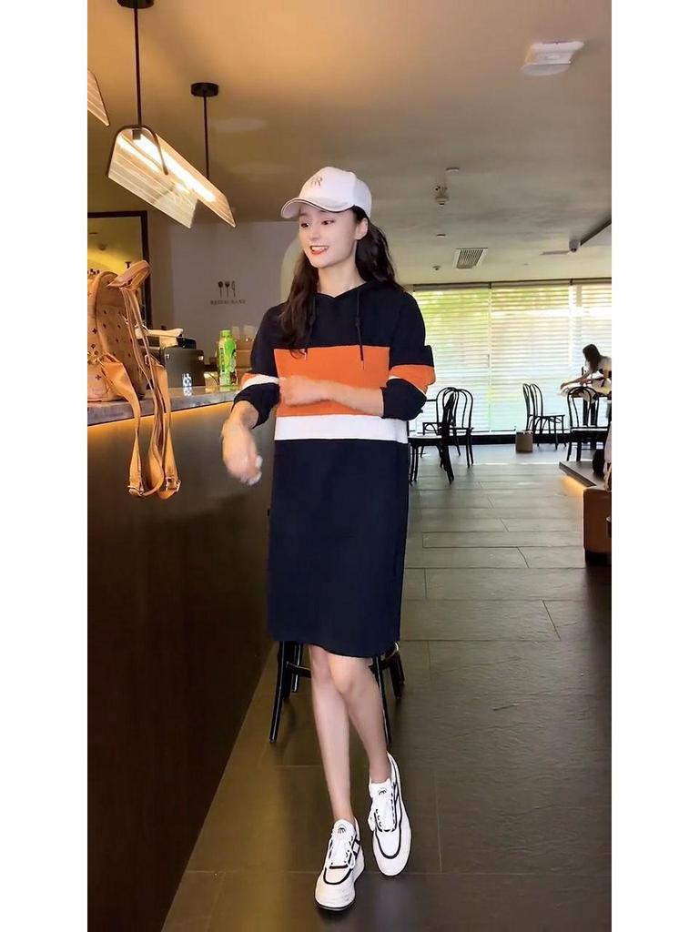 Dámské mikinové šaty s kapucí v korejském stylu - Středně dlouhé, Slim fit, Velká velikost, Trend podzim/zima