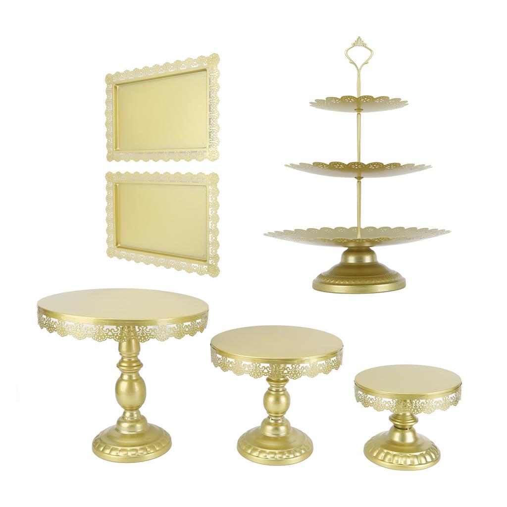 Ensemble de 6 Supports à Gâteaux Dorés en Fer Exquis Rétro Mariage Étages Support à Gâteaux avec Plateaux pour Cupcakes
