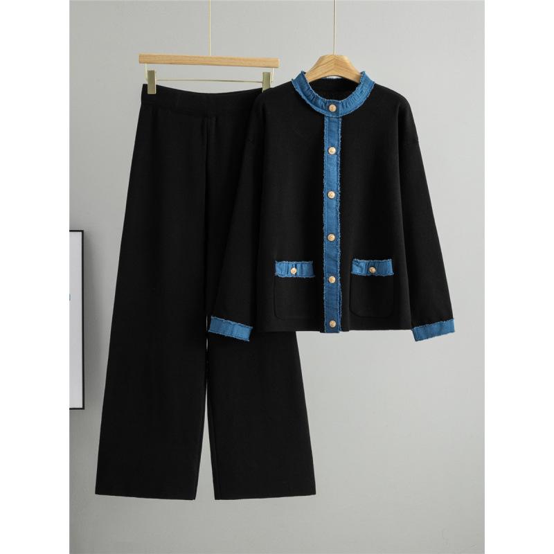 Women's Autumn Winter Knitted Denim Sweater & Wide Leg Pants Set
