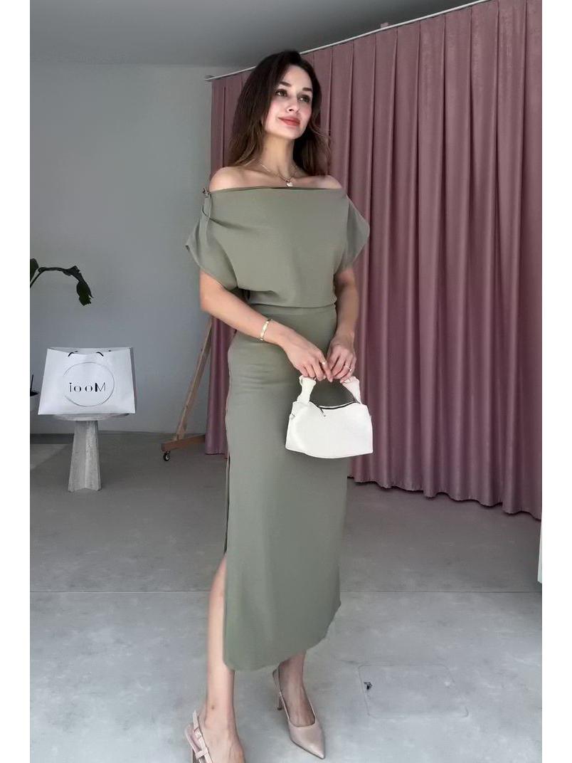 

Летнее европейское и американское женское платье на одно плечо с разрезом, однотонное, облегающее талию, 2025 XXL оливковый