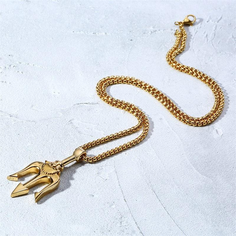 Stainless Steel Trident Pendant Necklace For Men Hip Hop Punk Style Boy Gifts Gold Color 60mm Chain Fahion Jewelry Wholesale