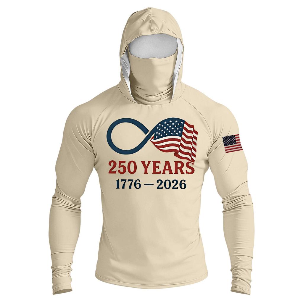 Men's Raglan Sleeve Hooded Long Sleeve Sun Top with Printed Front and Sleeve Design for Outdoor Activities