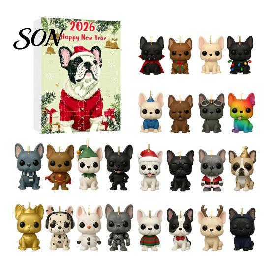 Countdown Calendar 24 Days Bulldog Advent 2026, Acrylic Puppy Ornaments Christmas Calendar, 2D Flat Dog Xmas Tree Pendant for Tree, Holiday