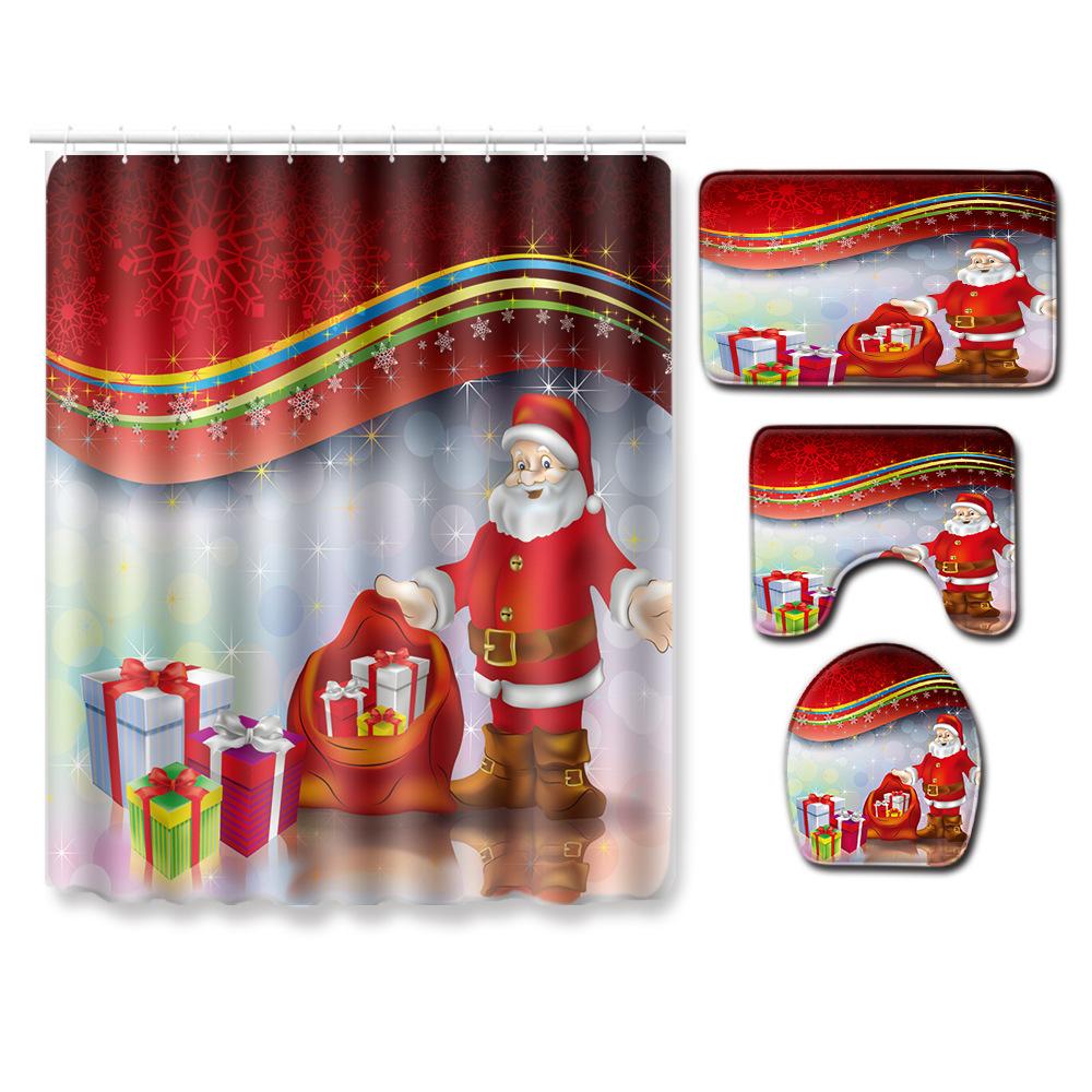 Christmas Home Door Mat Bathroom Toilet Shower Curtain Four-Piece Floor Mat Bedroom Absorbent Carpet