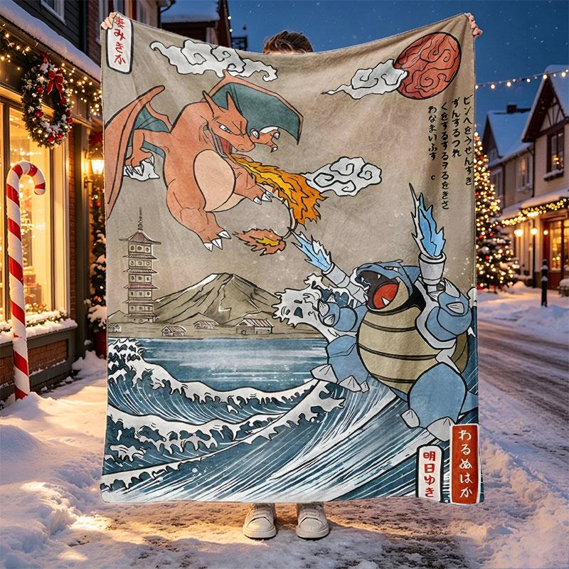 Charizard VS Blastoise Pattern Blanket for Home Decoration, Bed, Sofa, Car Travel, Camping, Suitable for All Seasons, Birthday Christmas Gift