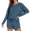 Damen Waffelstrick Pyjama Set Lässiges Langarm Oberteil und Shorts Nachtwäsche 2-teiliges Pjs Lounge Set mit Taschen