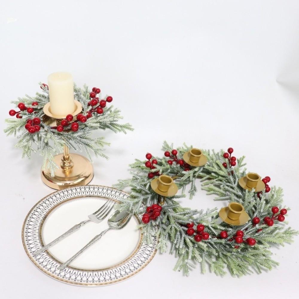 Artificial Christmas Candle Rings Christmas Table Decoration with Red Berry Candle Holder Rings Small Plastic Xmas Candle Wreath