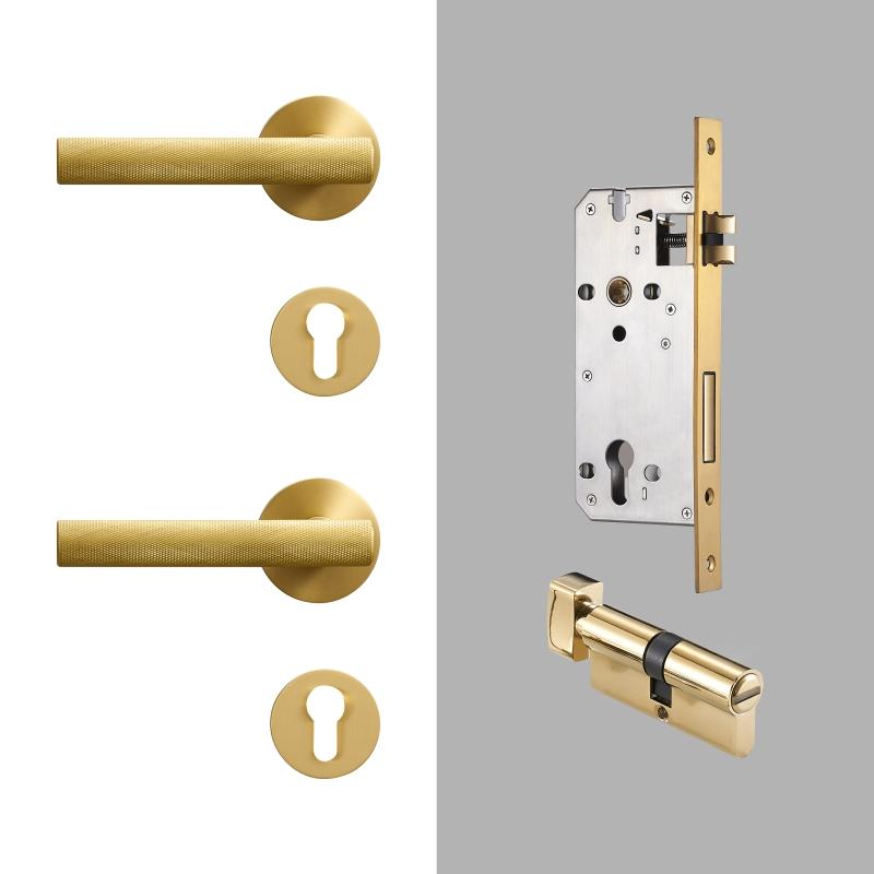 Dooroom Brass Knurled Door Lock Set Modern Gold Black Interior Bedroom Bathroom Double Wood Door Lever Set Dummy Handle Knob