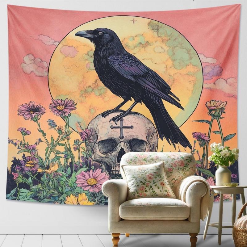 Raven And Skull Tapestry, Dark Violet Grey Decorative Wall Hanging,Gothic Tapestries Aesthetic For Living Room,Bedroom,Halloween
