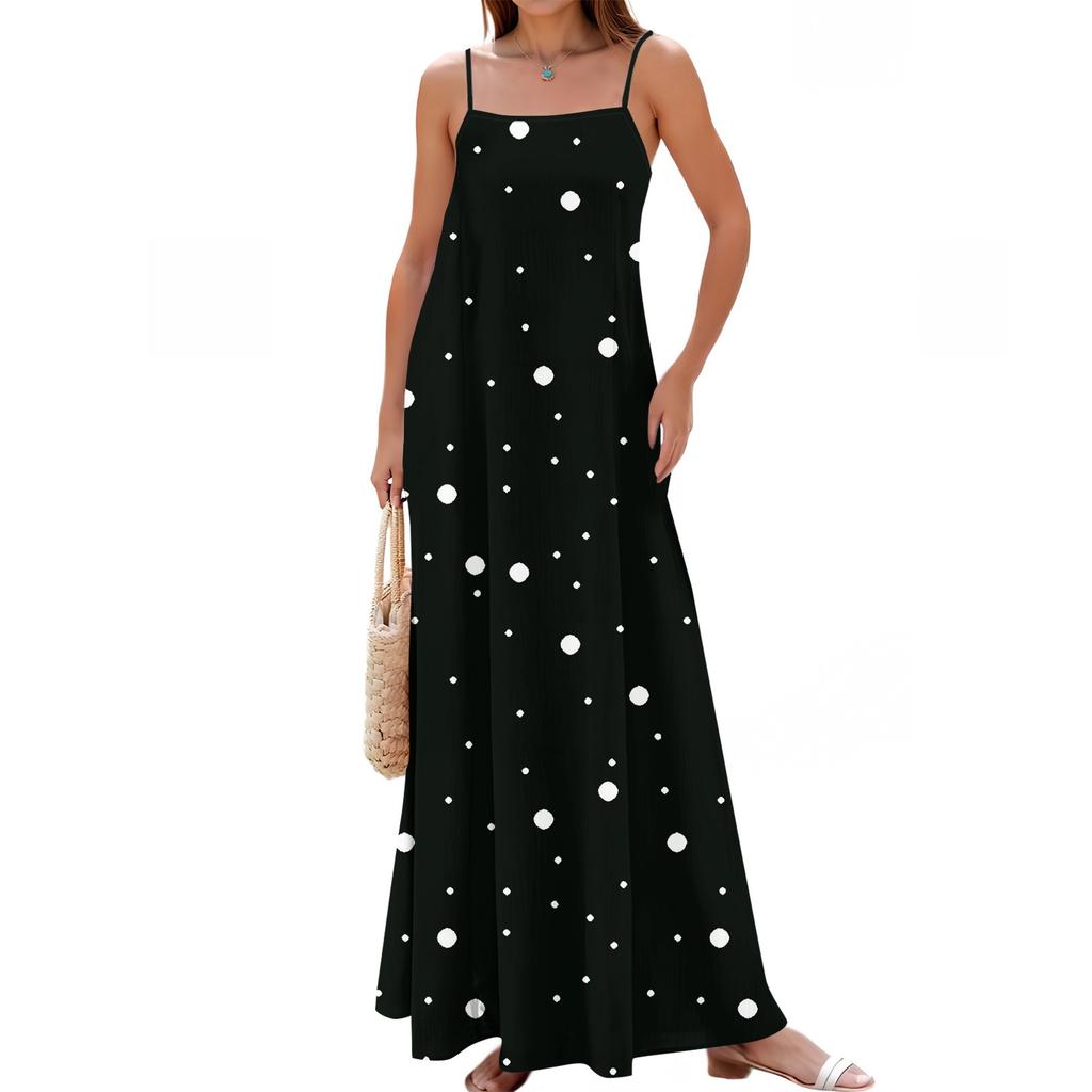 Women's Spring And Summer Casual Fashion Adjustable Suspender Printing Long Dress