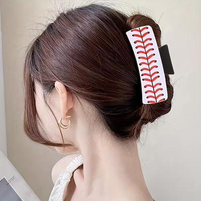 Baseball Stitch Design PU Leather Hair Claw Clip - Minimalist Oblong Hair Accessory, Casual Sport Style, Large Fashionable Grip