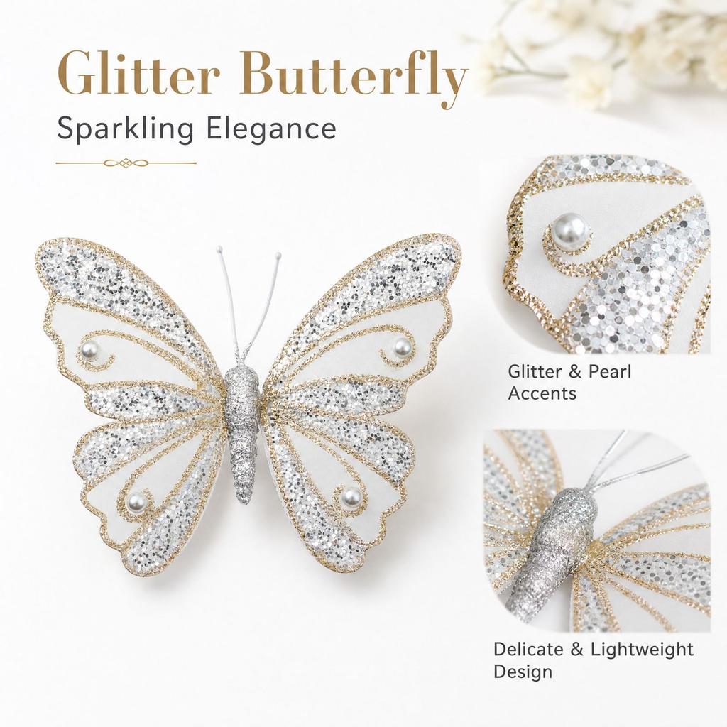 Mesh Double-Layer Butterfly Ornaments for Christmas Tree Wreath and Garland, Small Butterfly Decorations