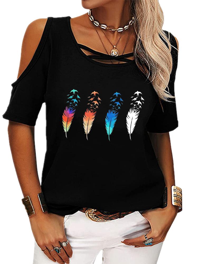 

Women Fashion Short Sleeve Shirt Summer Casual Round Neck T-shirt Ladies Print Off Shoulder Top 5Xl чорний