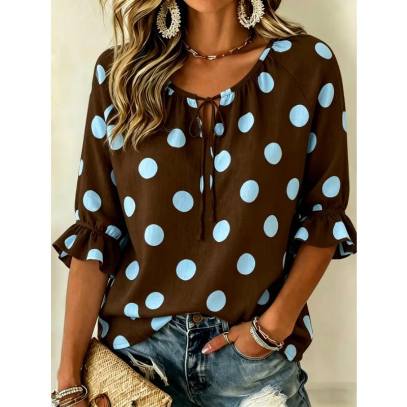 Women's elegant printed lace-up flared top, stylish and versatile, comfortable and skin-friendly