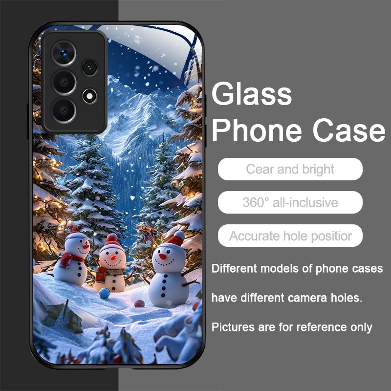 Cute Winter Snowman Christmas Tree Pattern Tempered Glass Phone Case for Samsung Galaxy A56 A55 A54 A53 A52 A36 A14 A15 5G Cover