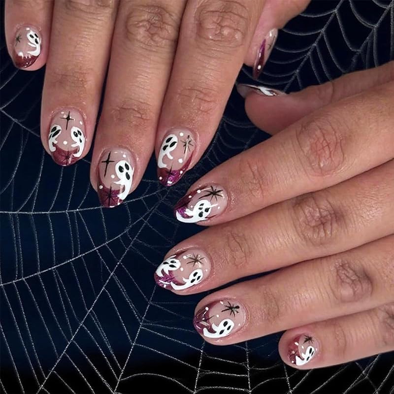 Halloween Press on Nails Medium Almond Fake Nails with Designs Cute Ghost Stick on Nails Rainbow Swirl False Nails Bat Acrylic Nails Cobweb