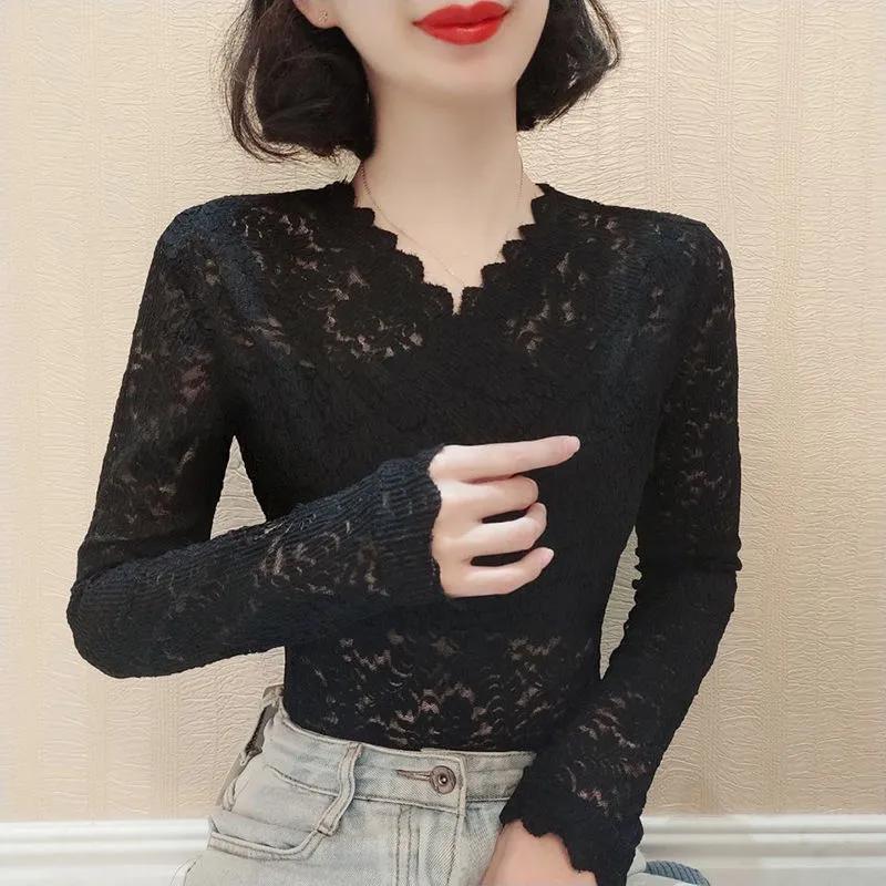 Koronkowy dół Damska Jesień i Zima 2025 Nowy Styl Seksowna Ażurowa Krótka z Długim Rękawem Wyszczuplająca Ciepła Bluzka