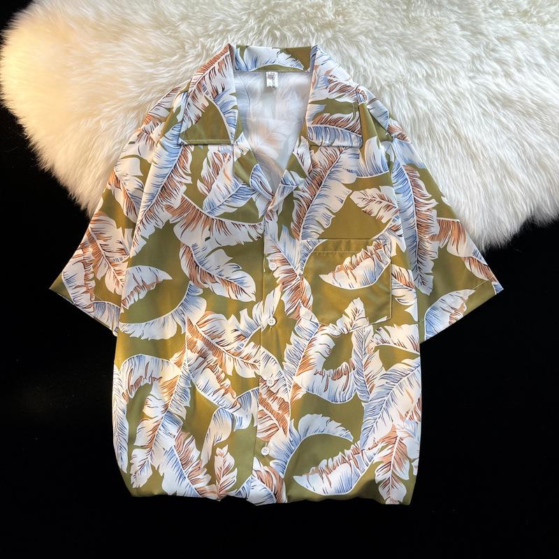 Unisex Vintage Kubakrage Blomsterskjorte - Løs passform, Hong Kong-stil, Kort erm, Perfekt for strand og par