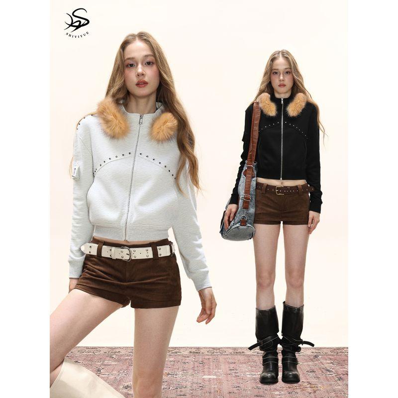 [Designer Style] Cool Hot Girl Fur Collar Studded Short Jacket Women's Autumn and Winter American Retro Slimming Sweatshirt Cardigan