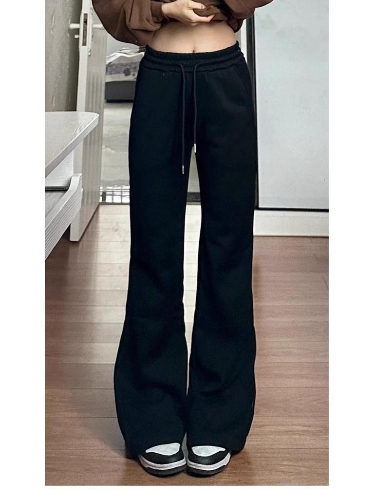 Pantalon de survêtement évasé noir taille haute pour femme - Printemps/Automne, Amincissant, Décontracté, Long jusqu'au sol avec cordon de serrage et drapé, Design en fer à cheval.