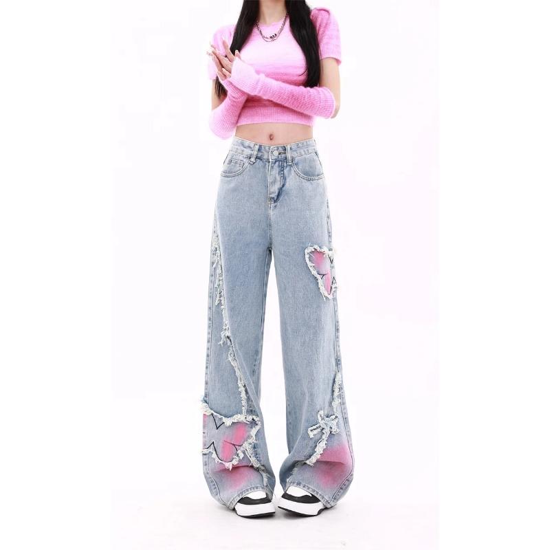 Women's Blue Baggy Butterfly Jeans Vintage Cowboy Pants Harajuku Denim Trousers Aesthetic Y2k Oversize Trashy 2000s Clothes 2024