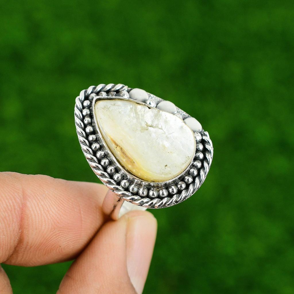 Mothers day Deal Mother Of Pearl Stone Ethnic Stackable Ring 925 Sterling Silver