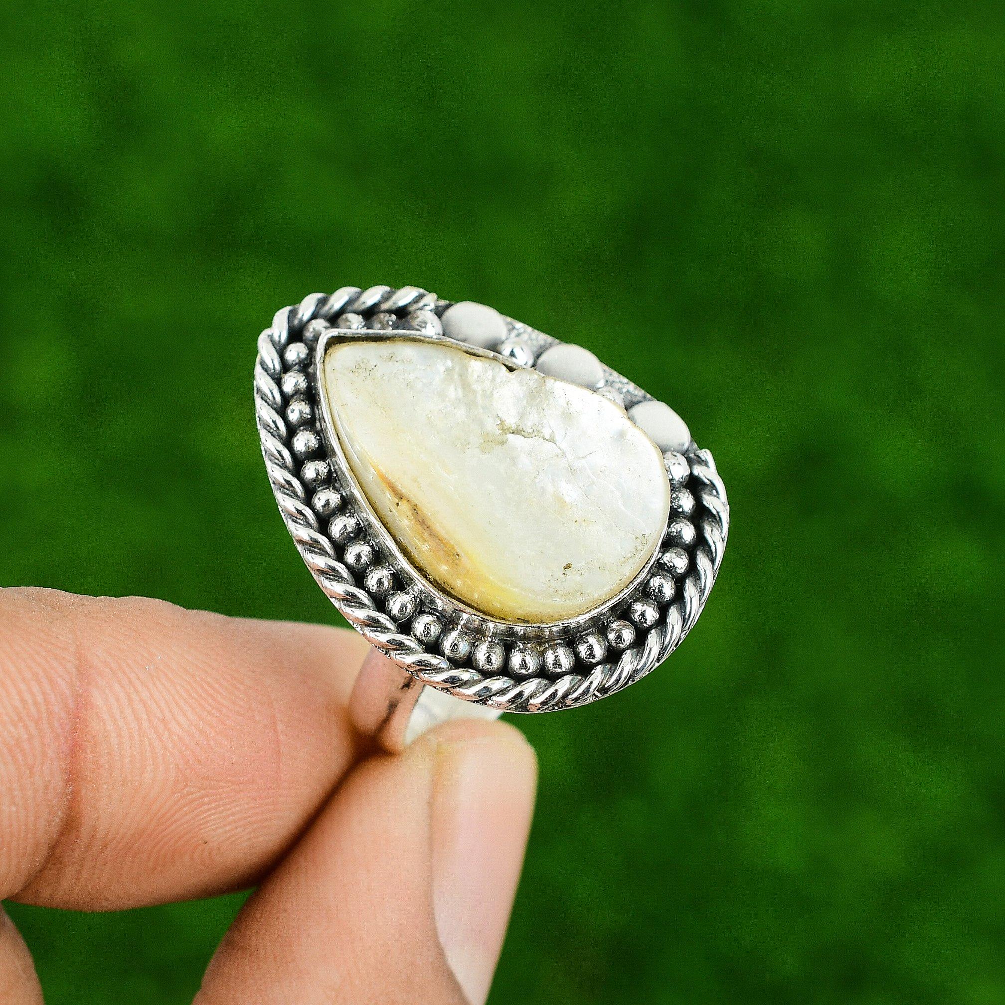 

Сделка ко Дню матери Этническое наборное кольцо из перламутрового камня Серебро 925 пробы Adjustable