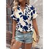 Women Floral Print V Neck Short Sleeve Blouse Casual Notch Collar Rolled Cuff Shirt