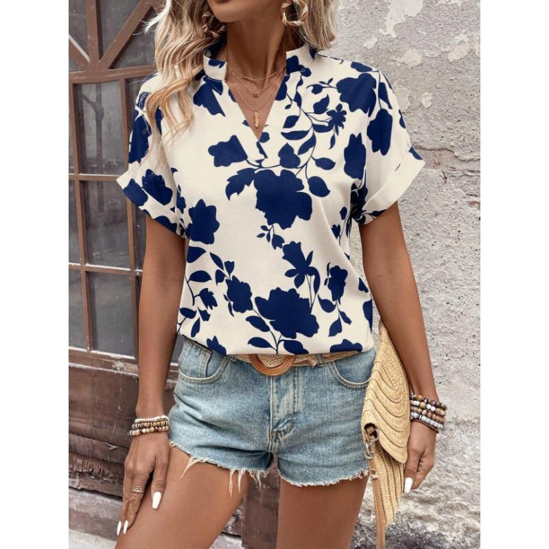 Women Floral Print V Neck Short Sleeve Blouse Casual Notch Collar Rolled Cuff Shirt