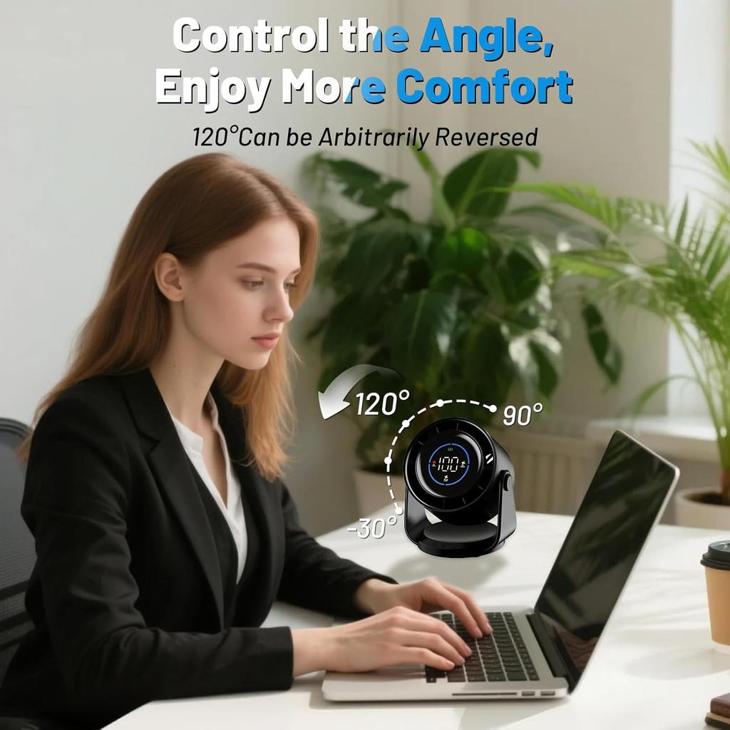 Ultra-quiet LED Display Desk Fan 120 ° Tilting 199 Wind Speed Wall-mounted USB-C Charging Portable Fan Black