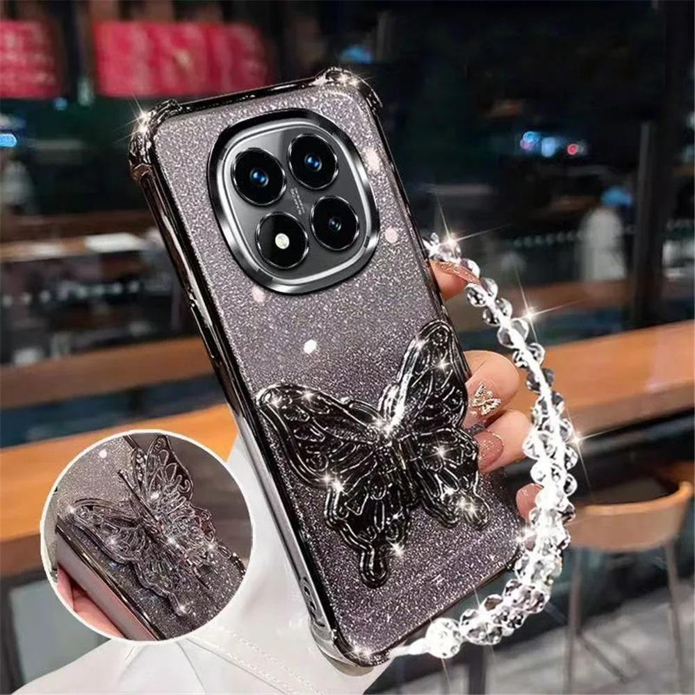 Butterfly Folding Stand Bracelet Phone Case For Xiaomi Redmi Note 12 Pro 11S 10S 9S 12 11 10 9 Pro Glitter Shockproof Soft Cover