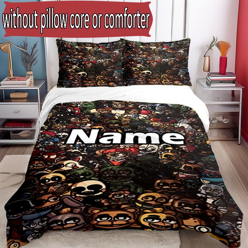 3pcs Duvet Cover Set (1*Duvet Cover + 2*Pillowcase, Without Core), Custom Name Five Nights At Freddy's Pattern Bedding Set, Home Bedroom Decor Gift