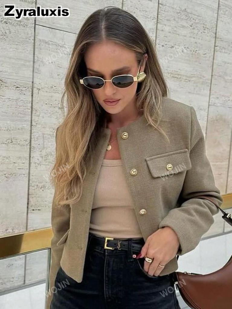 Women's New Fall Winter High-End Crew Neck Small Cardigan Style Short Jacket Fashion Versatile Oversized Check Blazer
