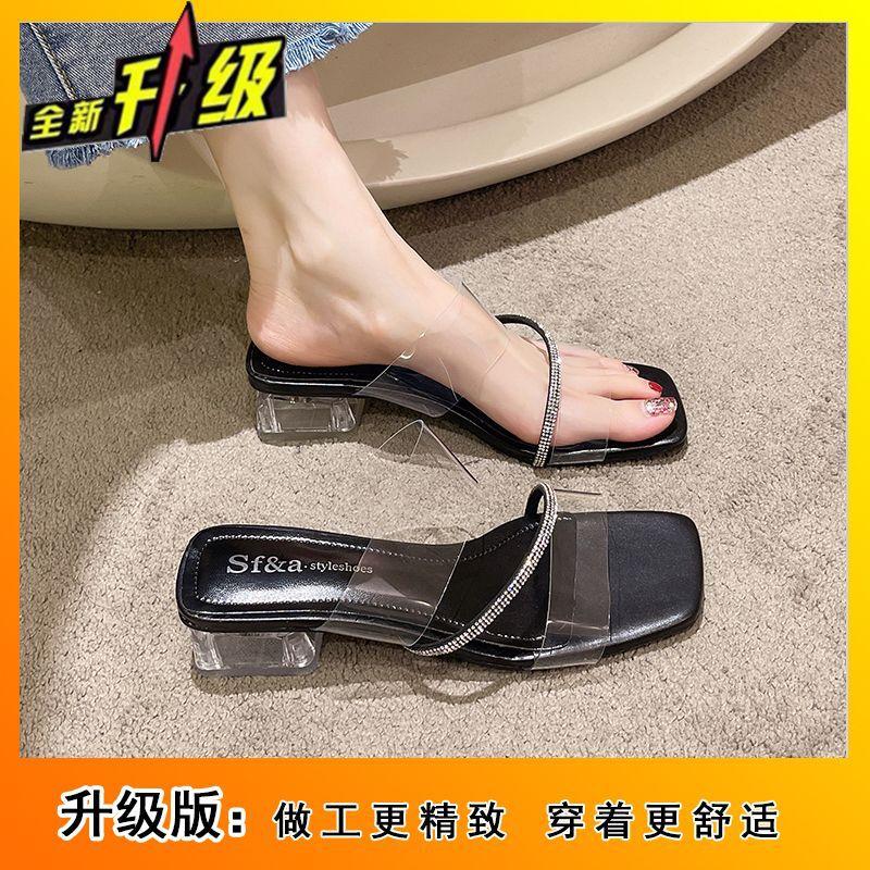 2025 summer new fairy wind transparent sandals Internet celebrity rhinestone square head middle heel sandals casual wear cool slippers