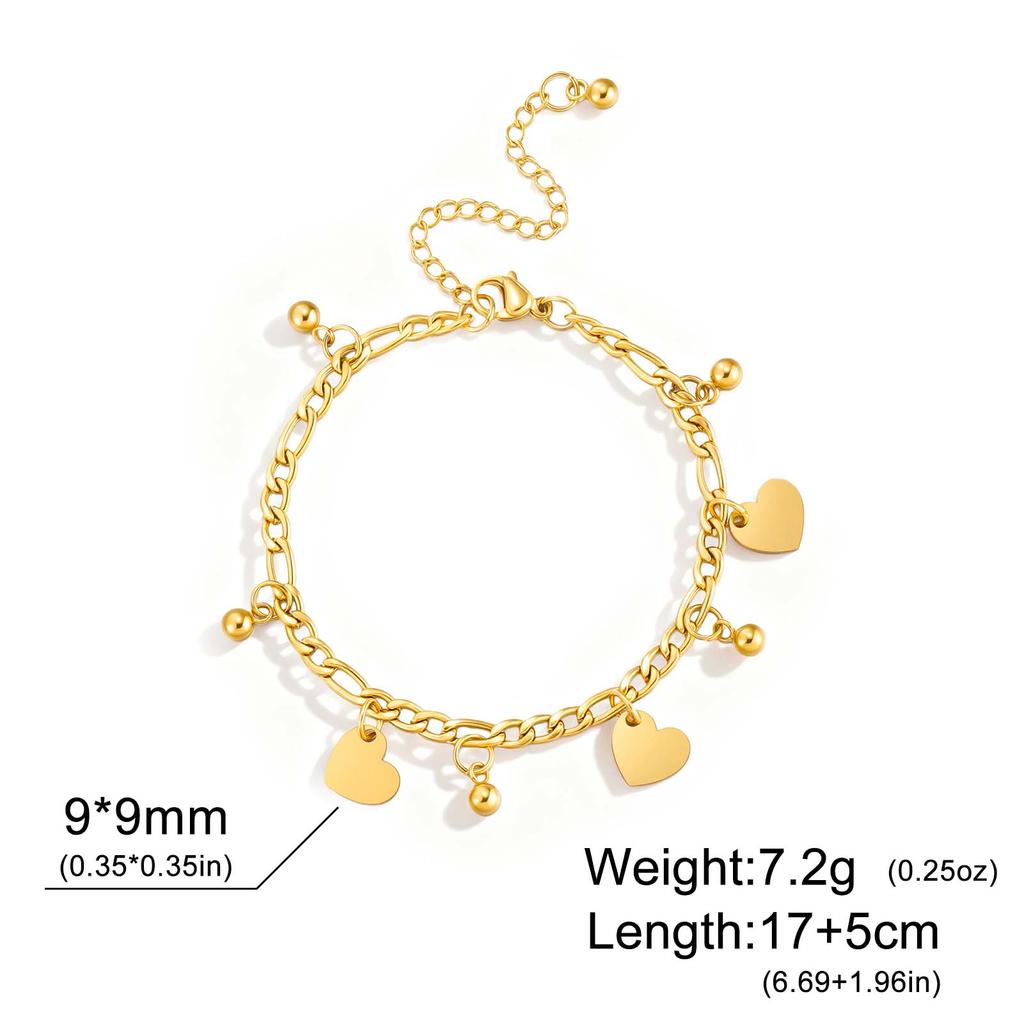 Teamer Stainless Steel Round Bead Heart Charm Bracelets 18k Gold Plated Holiday Jewelry For Women Daily Wear Party Jewelry Gift