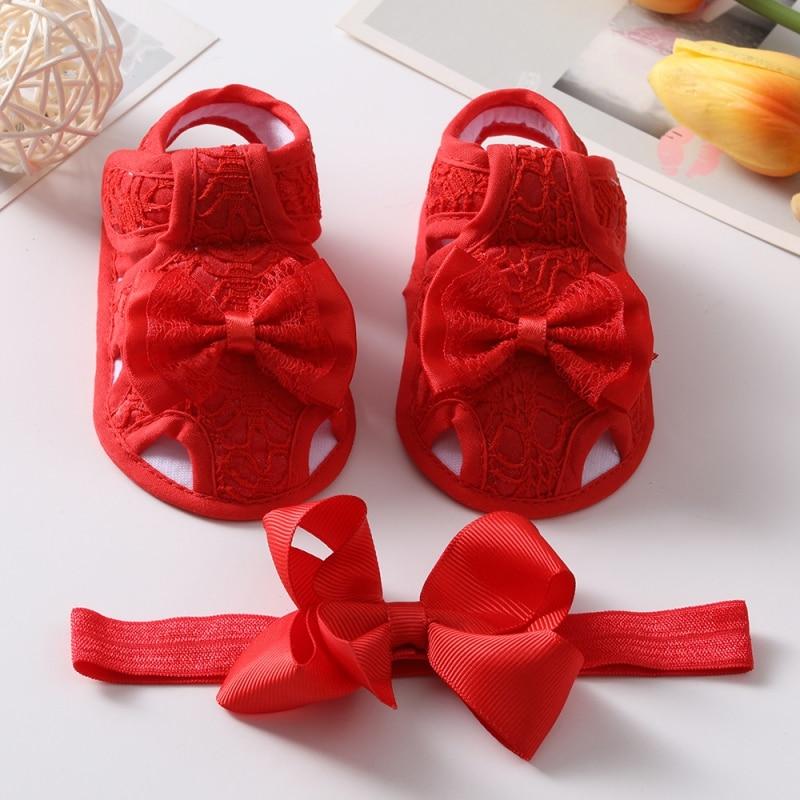 Summer Baby Girl Bowknot Hollow Sandals Toddler Soft Sole Walking Shoes Headband Set