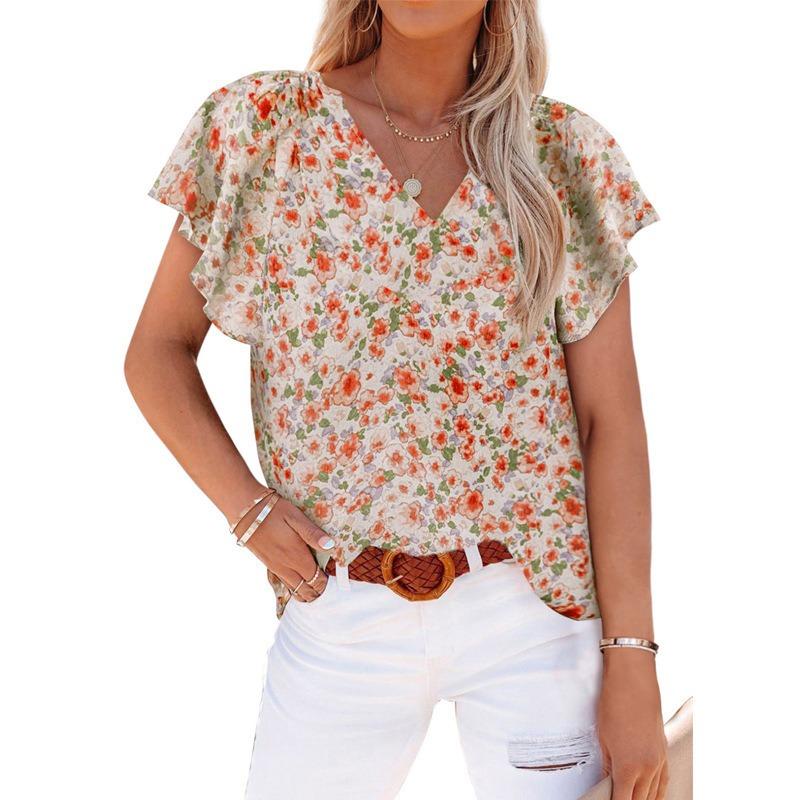 Women V Neck Printed Short Sleeve Loose Casual Pullover Blouse Top