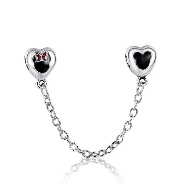 925 Silver Charm Beads DIY Mickey Mienie Bracelet Clip Safety Chain Love Gift Pendant