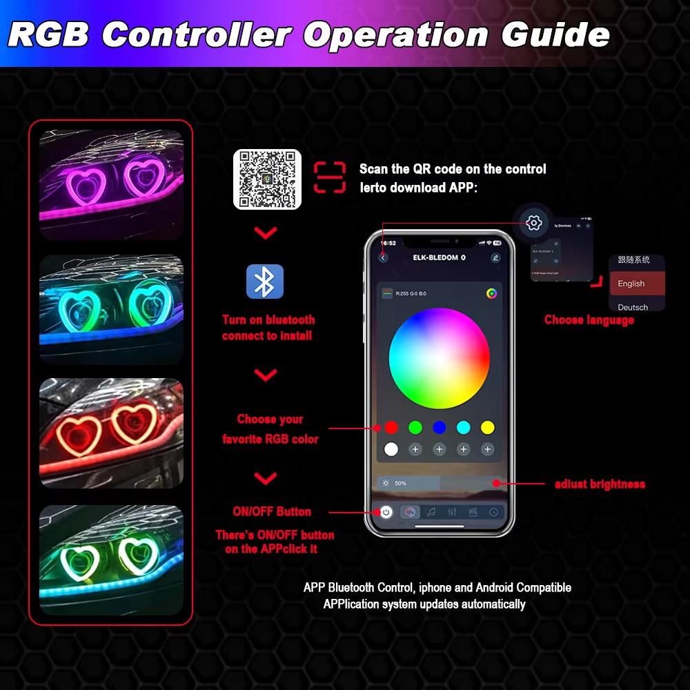 RGB With App Control LED Heart-Shaped SRGB Dynamic Angel Eyes Halo Ring Turn Signals Light Bluetooth Headlight