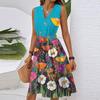 Women's Spring Summer Casual V Neck Sleeveless Waist Floral Print Midi Dress