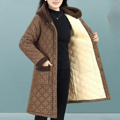 Mother Winter Plus Velvet Warm Hooded Padded Jacket Padded Jacket Mid-length Jacket Thick Plaid Padded Jacket