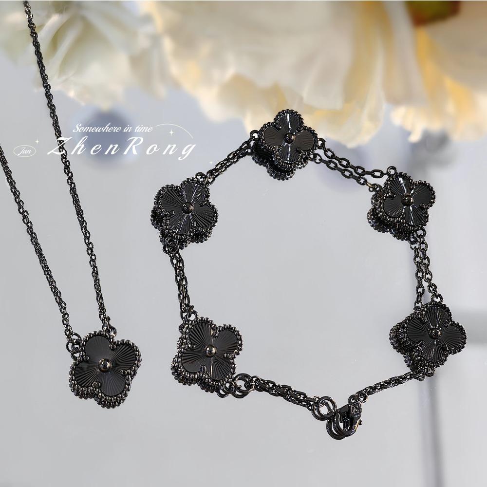 Women Jewelry Set Black Gold Flower Necklace Laser Gun Bracelet Luxury Four Leaf Clover