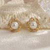 Copper Wrapped Faux Pearl & Cubic Zirconia Gold Stud Earrings for Women