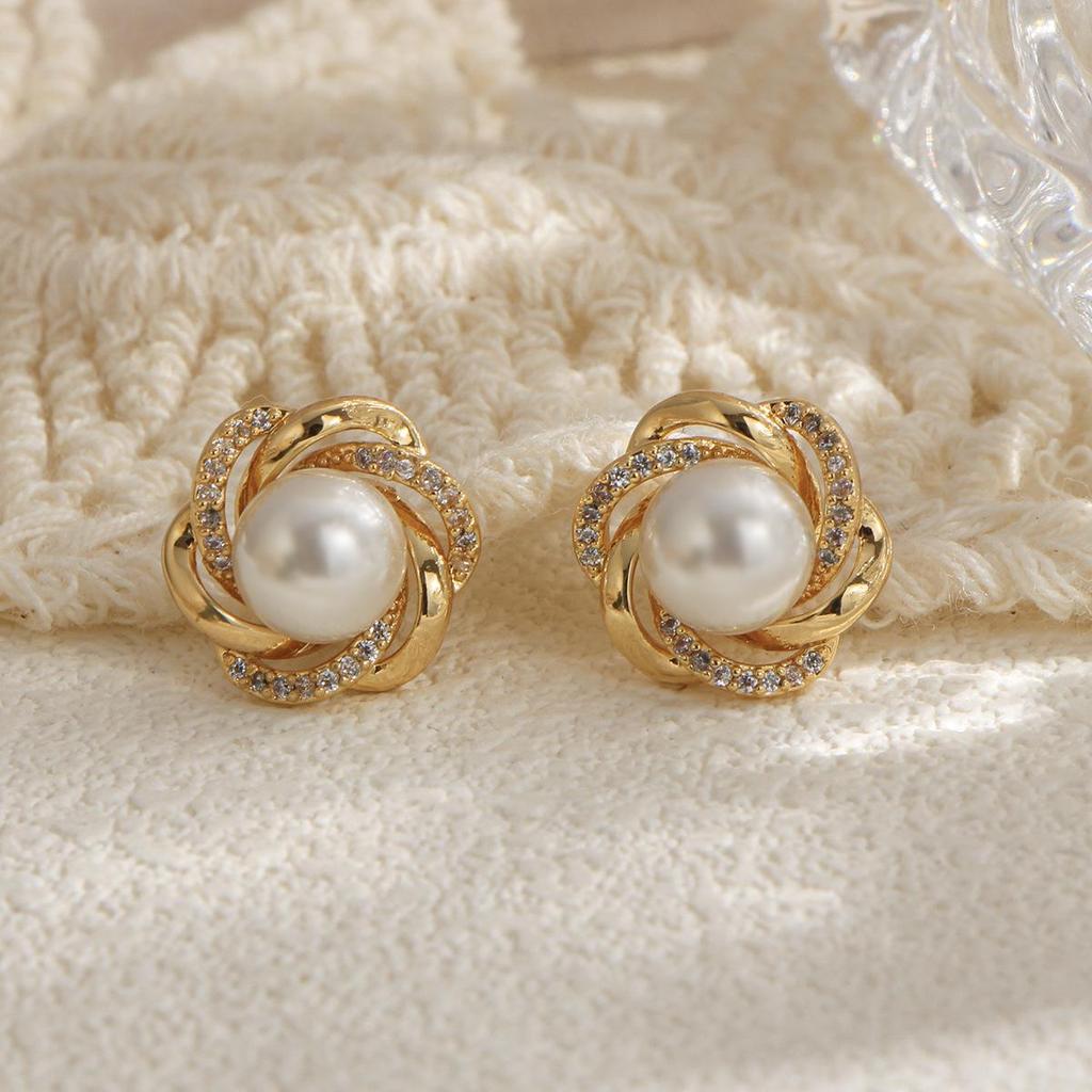 Copper Wrapped Faux Pearl & Cubic Zirconia Gold Stud Earrings for Women
