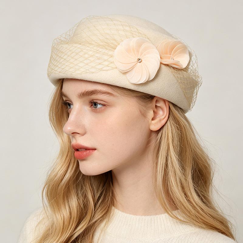 National Style Silk Hemp Pearl Flower Beret Children Autumn and Winter Australian Wool Felt Hat Heavy Industry Double Mode Mesh Top Hat