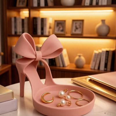 High Heels Jewelry Tray Pink Shoe Shaped Trinket Dish for Rings Earrings Necklaces Decorative Bowknot Desk Vanity Organizer for Women