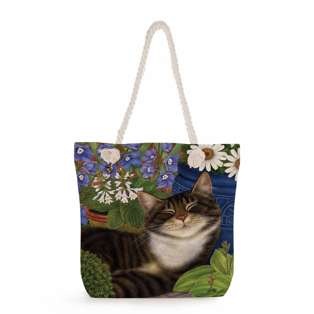 Flower Cat Print Thick Rope Single-shoulder Beach Bag 7262